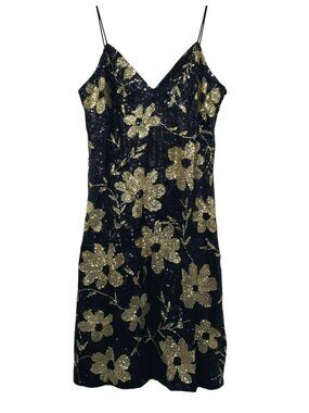 Ashish Black Gold Floral Sequin Embellished Mini Dress S Glam 90s Slip Dress